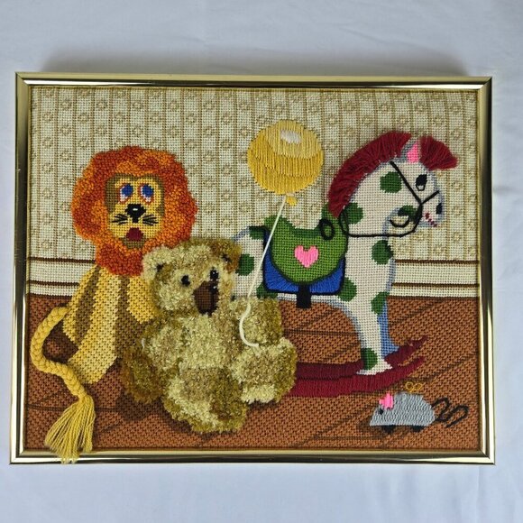 Vintage Handmade Needlework Framed Art Lion Teddy Bear Rocking Horse Mouse - Picture 1 of 15